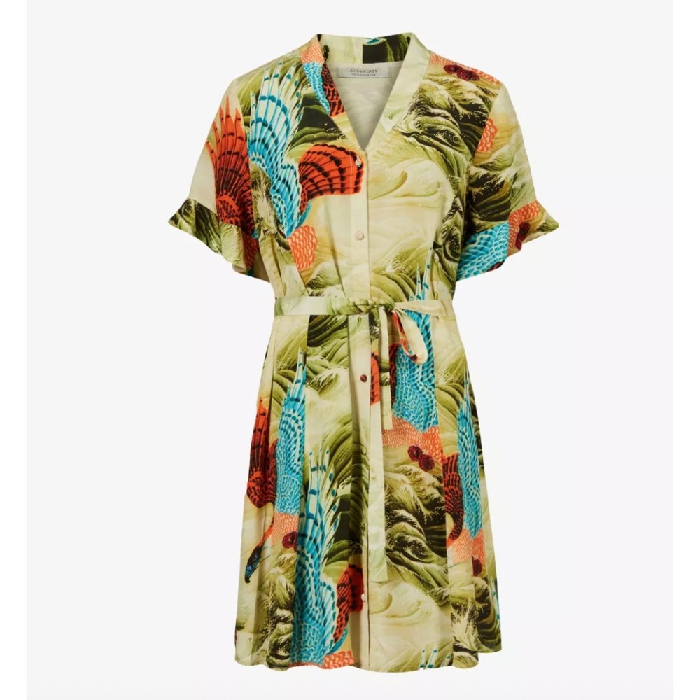 AllSaints Fay Swoop Dress Womens US 4 Eagle Wave Print Mini Short Sleeve Viscose